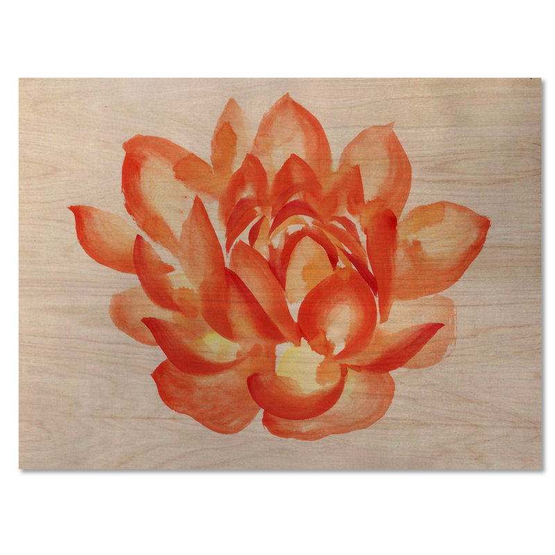 Détail rétro d'un lotus orange - art mural floral abstrait en bois, H 16 po x l 32 po x P 1 po
