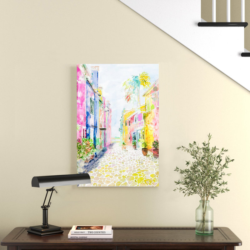 Watercolor Charleston Rainbow Row Homes - Peinture sur toile, H 30 po x l 20 po, Impression encadrée sans passe-partout, Doré