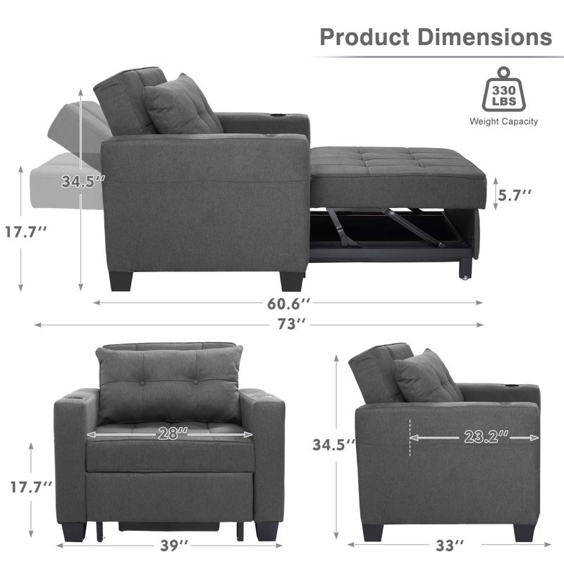 Latitude Run Linen Single Pull-out Sofa Bed 3 in 1 Convertible Chair, Dark Grey
