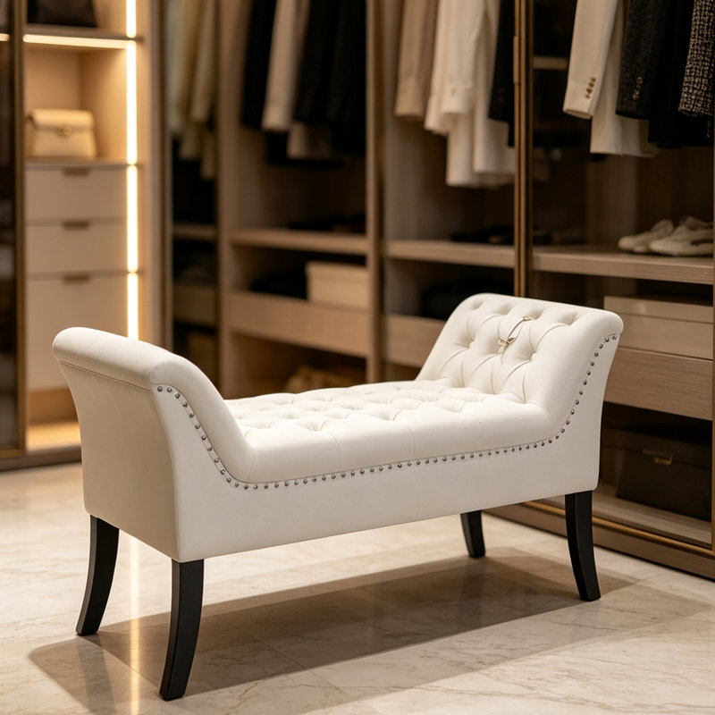 Velvet Upholstered Bench, white
