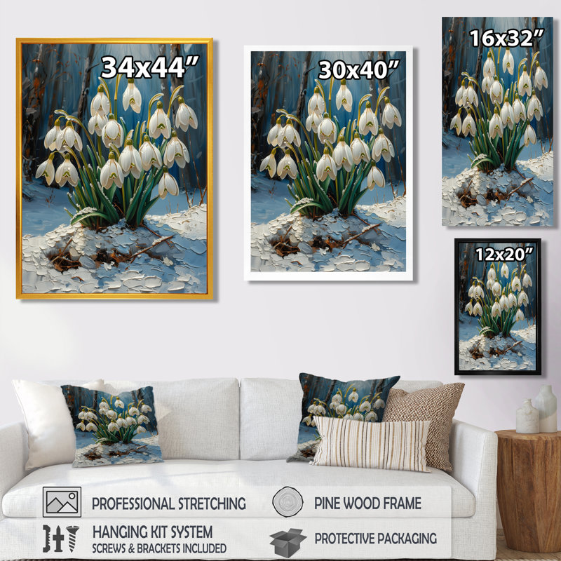 Blanc et bleu, glace, neige, reine de l'hiver I - Snowdrops, art mural, Toile encadrée flottée blanche