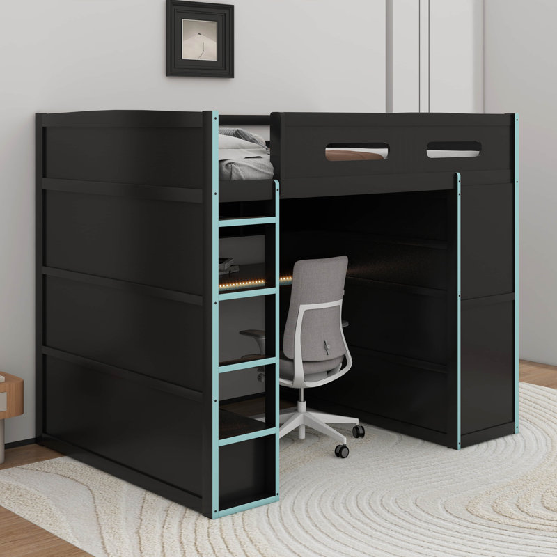 Full Size Wood Loft Bed With Desk,Wardrobe And RGB LED Light, Cloud Blue