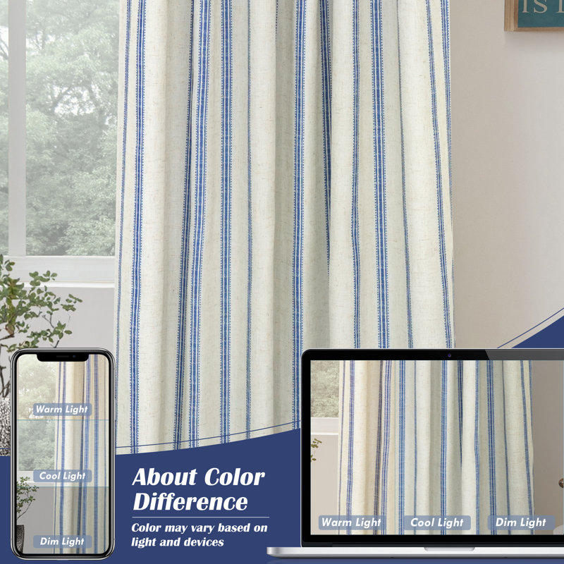 Paire de rideaux occultant, Rayures bleu marine / languette en lin clair, L 52 po x L 54 po