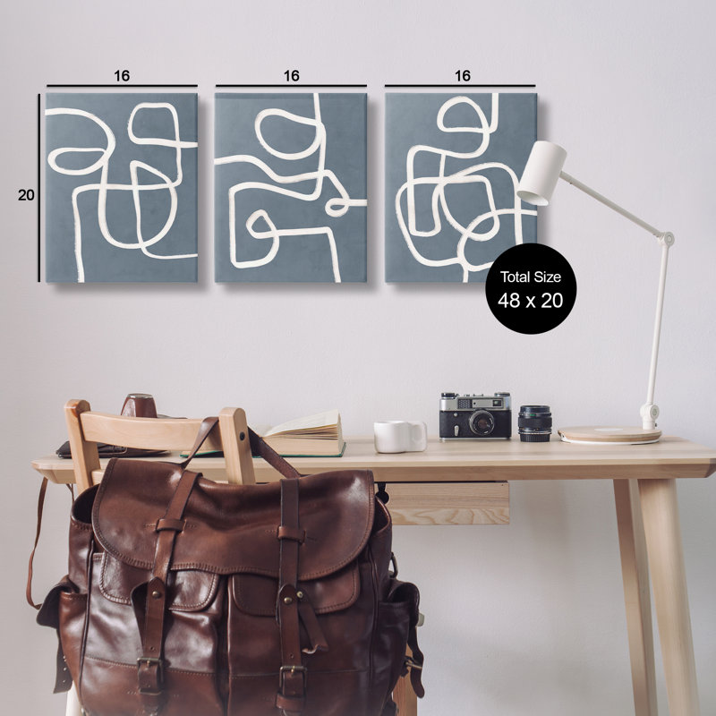  «Squiggles on Gray», ensemble de 3 toiles murales par Nina Blue, H 20 po x l 16 po