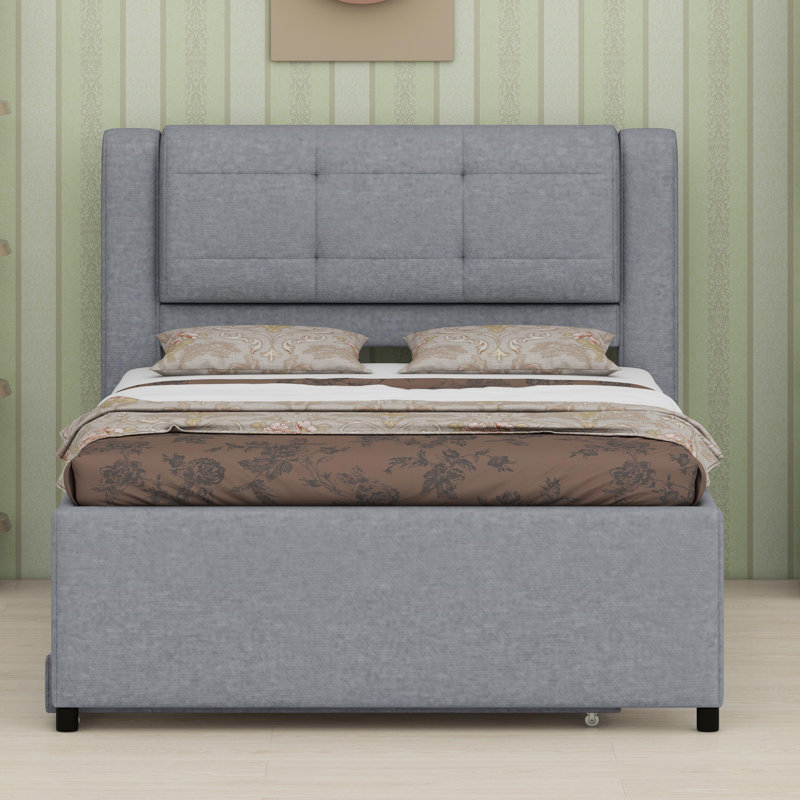 Cadre de lit contemporain à profil bas avec lit gigogne intégré conçu pour être complètement à plat, Grey