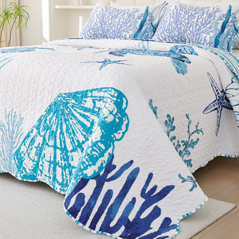 Ensemble de courtepointe en polyester Marine, Courtepointe grand + 2 couvre-oreillers standard, Imprimé animal bleu clair