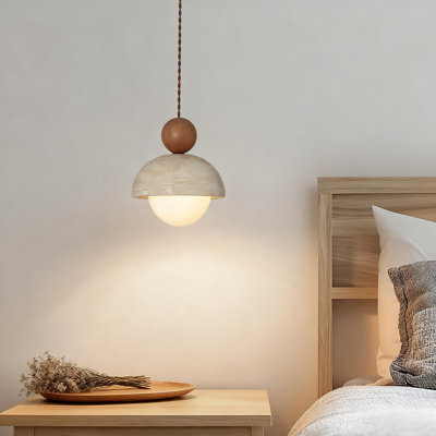 Natural Stone Pendant Light Handcrafted Yellow Travertine Lamp With Wood Accent Nordic Mini Pendant Lighting For Kitchen Island Dining Room