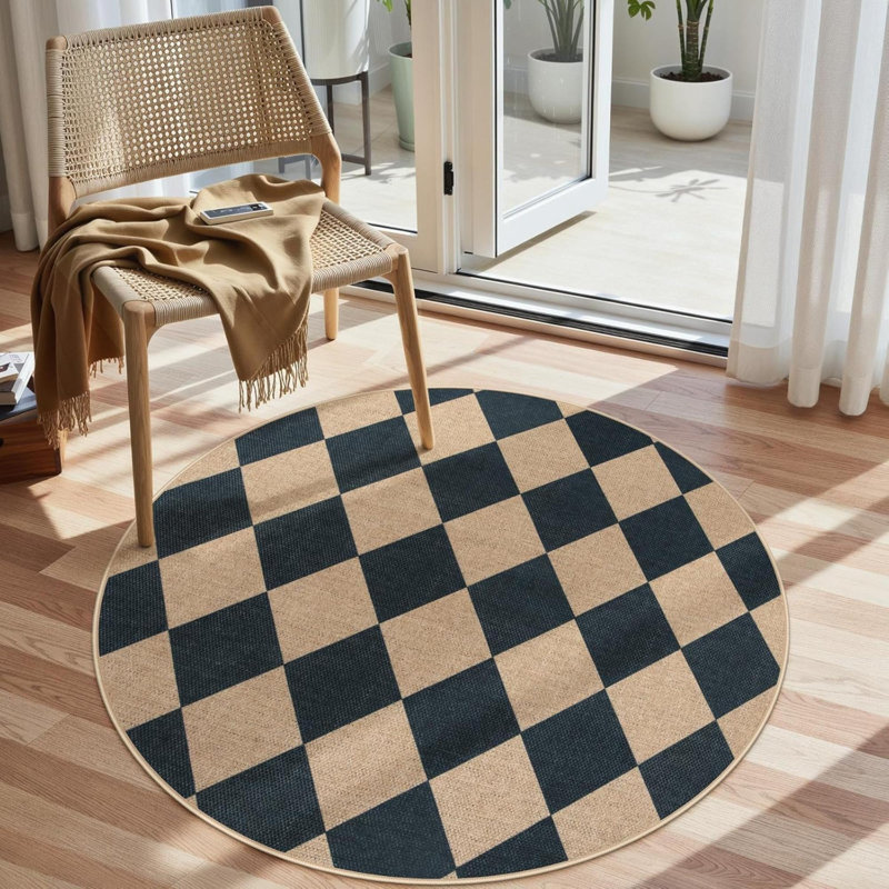 Checkered Round Entryway Rug Circle Indoor Outdoor Rug Washable Farmhouse Easy Jute Kitchen Rugs Contemporary Non Slip Round Carpet For Bedroom Front Porch
