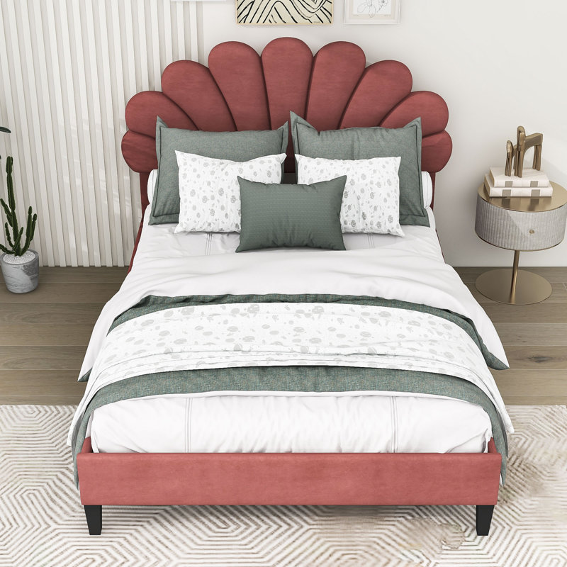 Mireia Upholstered Wooden Platform Bed with Headboard, Full, Bean Paste Red