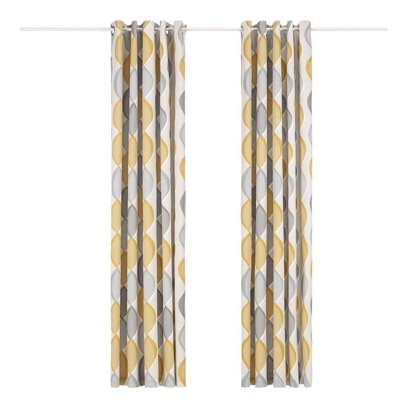  100% Cotton Ready Made Eyelet Room Darkening Curtain, Width 117 x Drop 183 cm, Grey/Yellow