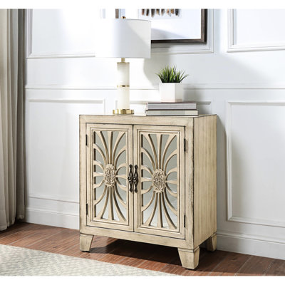 Armoire console à finition blanche antique avec 2 portes - Table rectangulaire avec pieds fuselés et 1 tablette de rangement à l'intérieur et façade à miroir l 28 po x P 15 po