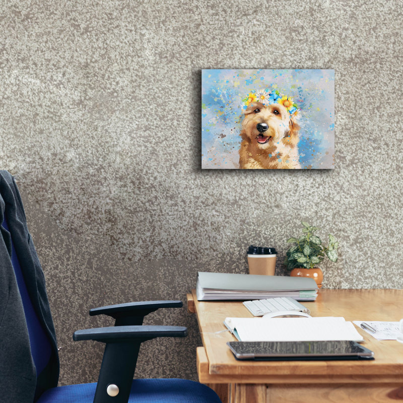 «Flower Crown Goldendoodle 5» par Furbaby Affiliates, art mural sur toile, H 12 po x l 16 po x P 0,75 po
