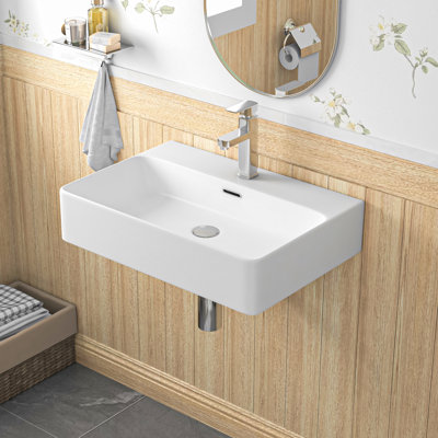Turner 24" W x 16" D Matte White Vitreous China Rectangular Wall Mount/Vessel  Bathroom  Sink with Silver Overflow Ring