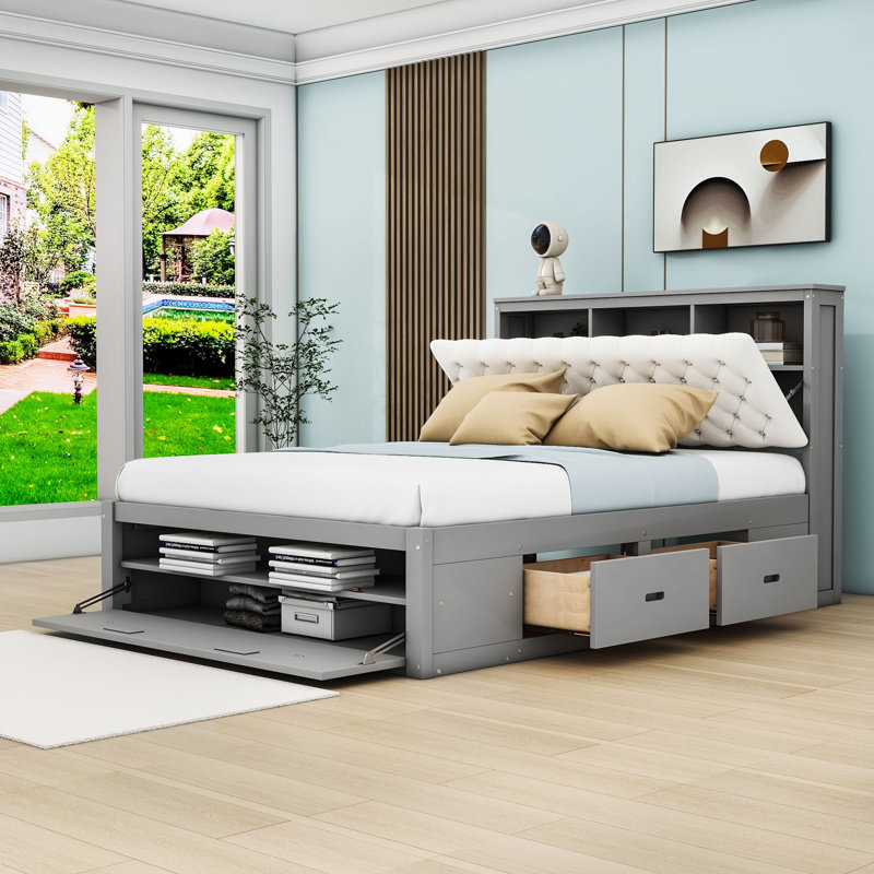 Grand lit plateforme en bois avec 4 tiroirs, tête de lit avec rangement et range-chaussures, Gris