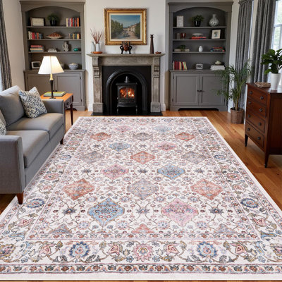 Grand tapis de salon rétro à motif floral 9 x 12, tapis oriental vieilli résistant aux taches avec envers antidérapant, tapis décoratif à poils courts et lavable pour chambre à coucher, rose