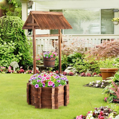 Wooden Wishing Well Outdoor Planters, Well Covers For Yard With 2 Reinforced Rods, Height Adjustable Hanging Bucket, Rustic Flower Pot Home Decor For Outside Patio Garden
