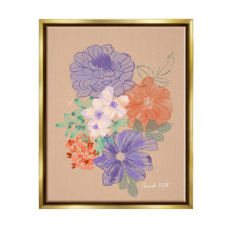 "Mauve et fleurs orange sur bois" par Hannah, impression, Cadre flottant métallique doré, H 21 po x l 17 po x P 1,7 po