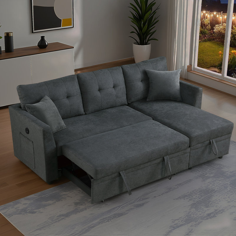 Canapé-lit modulaire convertible en chenille 2 en 1 81,5 po avec méridienne escamotable en chenille 2-en-1 avec rangement et charge USB et poche latérale