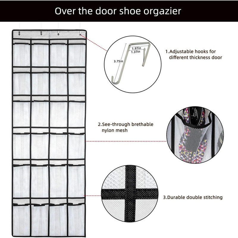Over The Door Shoe Organizer, Hanging Shoe Organizer With 24 Mesh Large Pockets Door Shoe Rack Organizer For Men Women Kids Hanging Shoe Storage Bag, White