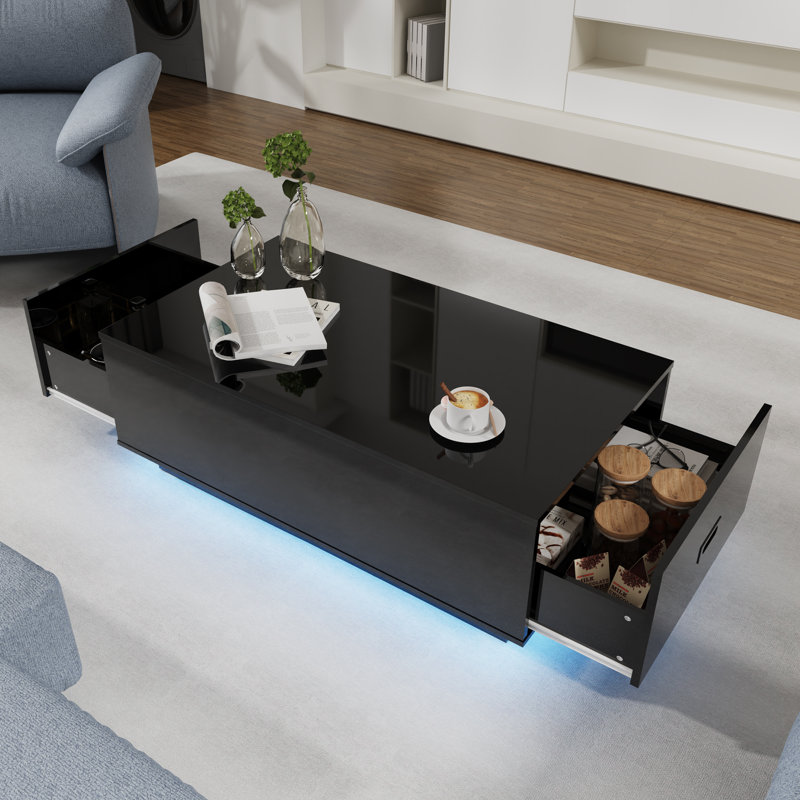 High Glossy Led Coffee Table, Led Coffee Table With 2 Drawers, Modern Coffee Table For Living Room, Black Coffee Table 41.33" W X 23.62" D