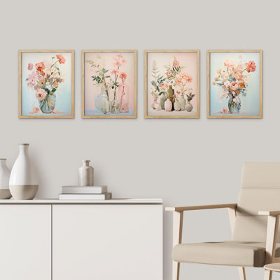 " Elegant Floral Still Life Paintings - Soft Pastel Blooms In Vases " 4 - Pieces