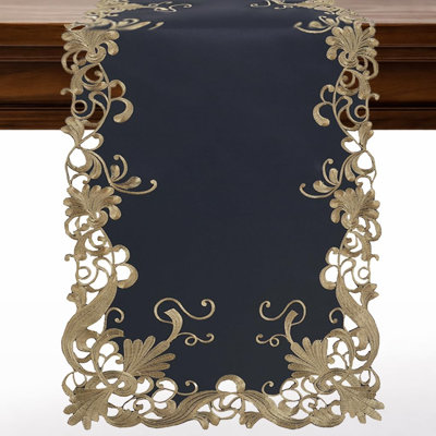 Decozen Gold Lace Blue Table Runner with European Embroidery for Elegant Christmas Dining Decor