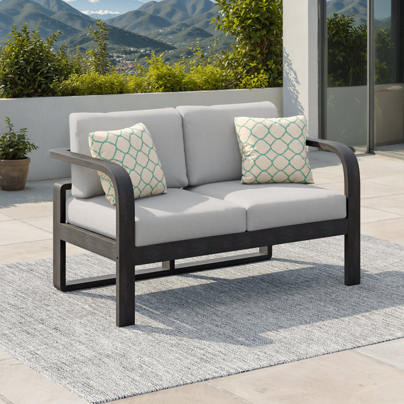 Causeuse d'extérieur en bois d'acacia massif avec coussins et coussins Sunbrella, Gris, Cadre espresso brun