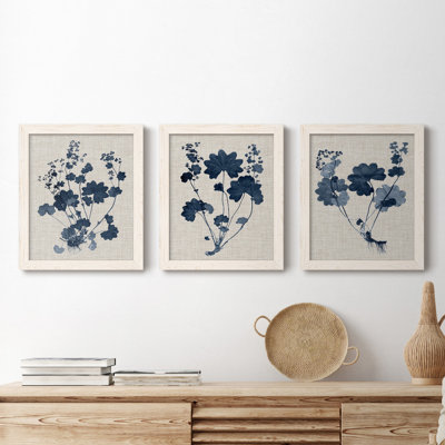 " Navy And Linen Leaves II " 3 - Pieces Painting Print