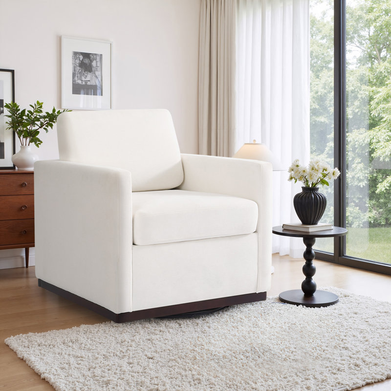 Modern Upholstered Beige Square Swivel Armchair with Matel Base, Beige Chenille