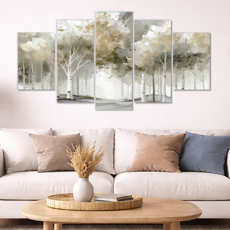 «Autumn Forest Birch Trees In Canada - Birch», art mural sur toile grise, 5 pièces