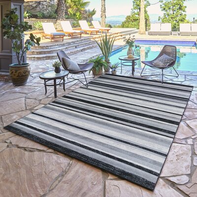 Fosel Muxia Gray/Black Modern Micro Stripped Hi-Low Flatweave Indoor/Outdoor Area Rug -  Gertmenian, 46245