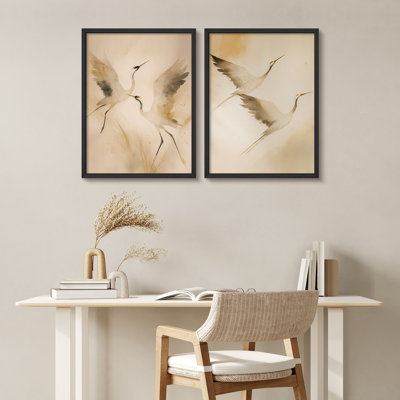 Elegant Flying Cranes, ensemble de 2 reproductions d'art encadrées, scène d'oiseaux doux et neutre pour le salon, la chambre à coucher