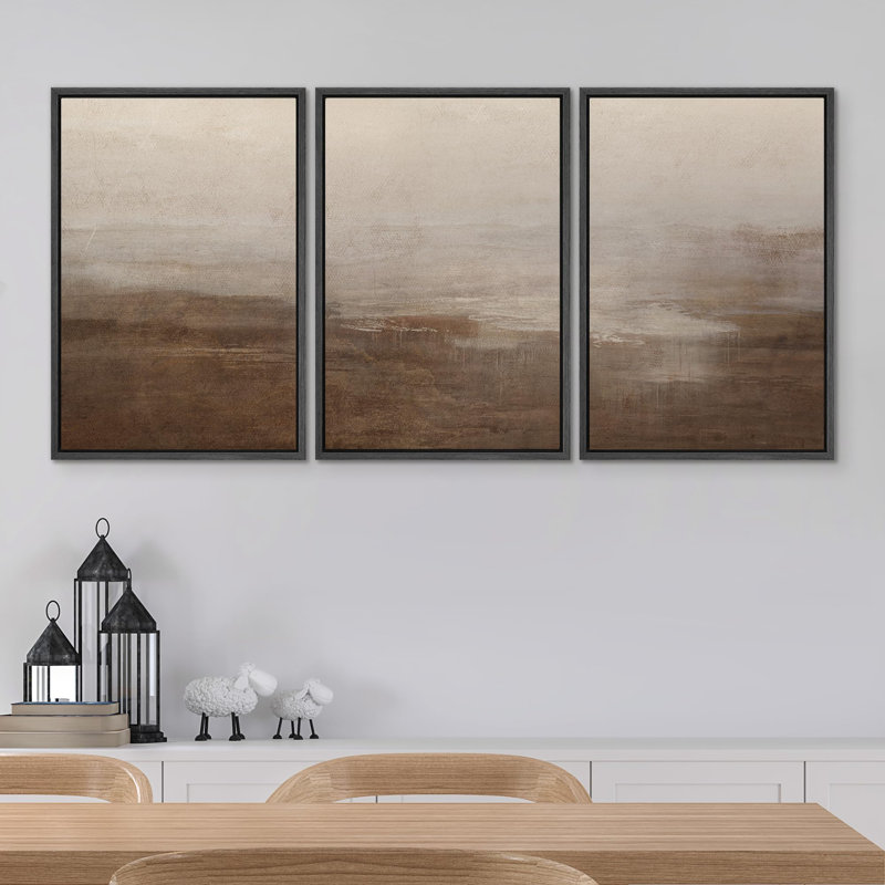 "Abstrait brumeux, paysage moderne, minimaliste, beige et brun, nature sauvage" - 3 pièces, H 24 po x l 16 po, Noir