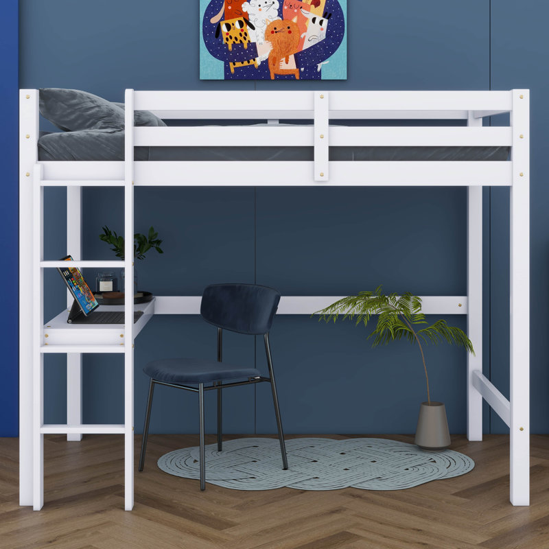 Twin Rubber Wood Loft Bed With Desk, Solid Pine Wood Frame With Ladder And Safety Guardrails, White
