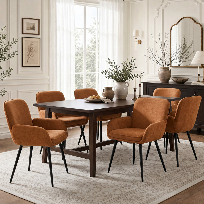 Upholstered Chenille Dining Chairs With Metal Legs (Set Of 6), 6, Orange Chenille