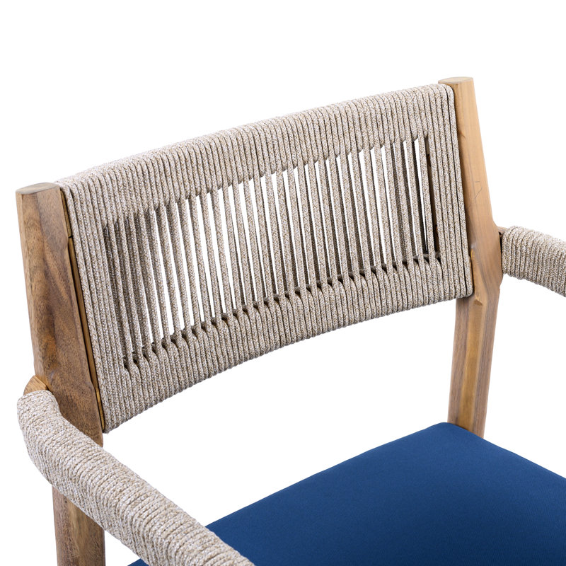 All-Weather Braided Wood Patio Chairs Of 6 With Beige Rope And Navy Cushions For Garden Parties Comfortable, 6