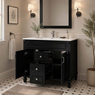 Meuble-lavabo moderne de 91 cm (36 po) avec lavabo supérieur, portes à fermeture douce et rangement dissimulé pour des salles de bains élégantes et fonctionnelles.