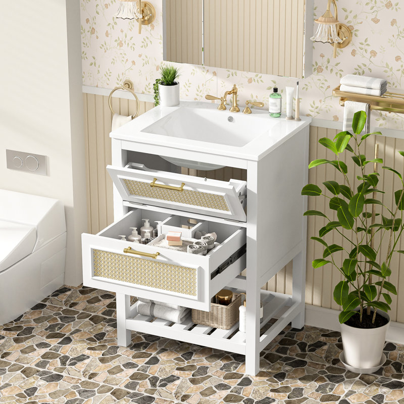 Meuble-lavabo simple 24 po, lavabo intégré, peu encombrant, conception élégante, assemblage rapide, compatibilité de robinet de 4 po, quincaillerie bien conçue