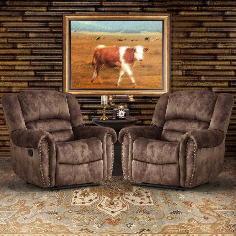 40.9" Wide Classic Super Soft And Oversize Manual Recliner With Nailhead Trim (Set Of 2), Speckled Brown Faux Leather