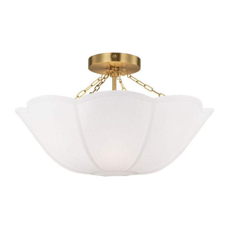 Plafonnier semi-encastré en tissu de lin blanc, Bronze brillant
