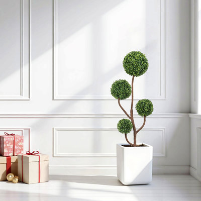 4FT Tall Artificial Boxwood Topiary Tree Large Faux Green Plant In Pot For Indoor Outdoor Patio Porch Garden Decoration, 1Pc/Set