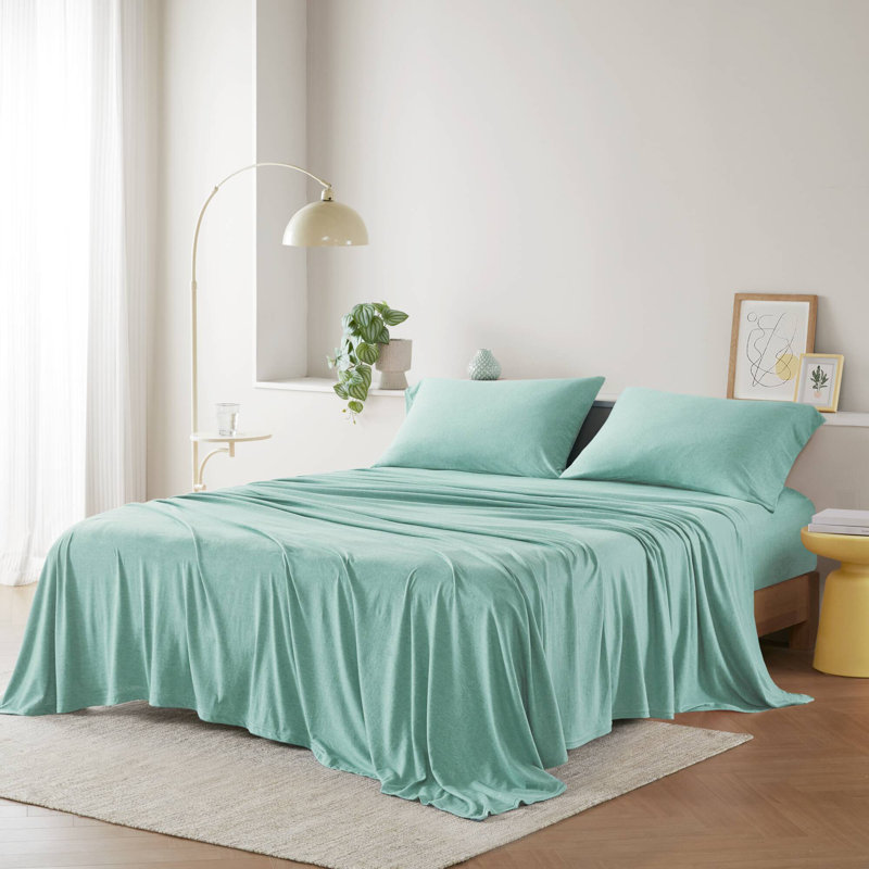  Ensemble de draps en tricot de coton toutes saisons, Ensemble de draps pour grand lit avec 2 taies d'or, Turquoise
