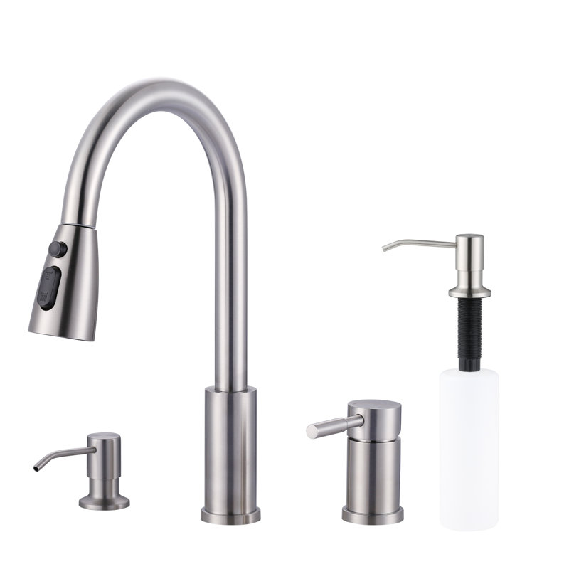 3-Hole Pull Down Kitchen Faucet With Soap Dispenser And Unique Individual Handle, Brushed Nickel