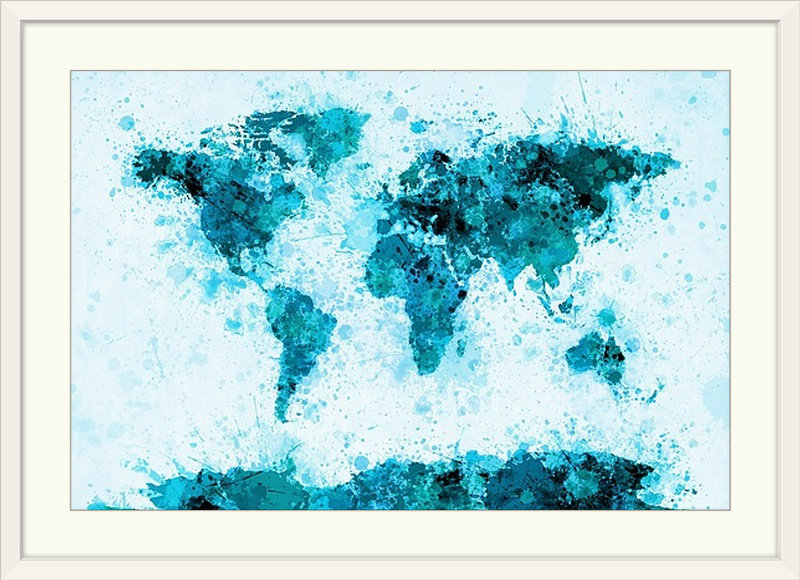 Francy " World Map Paint Splashes " by Michael Tompsett, 20" H x 26" W x 1" D, White Framed