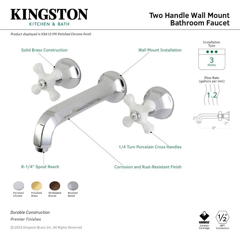 Kingston Brass Metropolitan Two-Handle 3-Hole Wall Mount Bathroom Faucet, Oil Rubbed Bronze