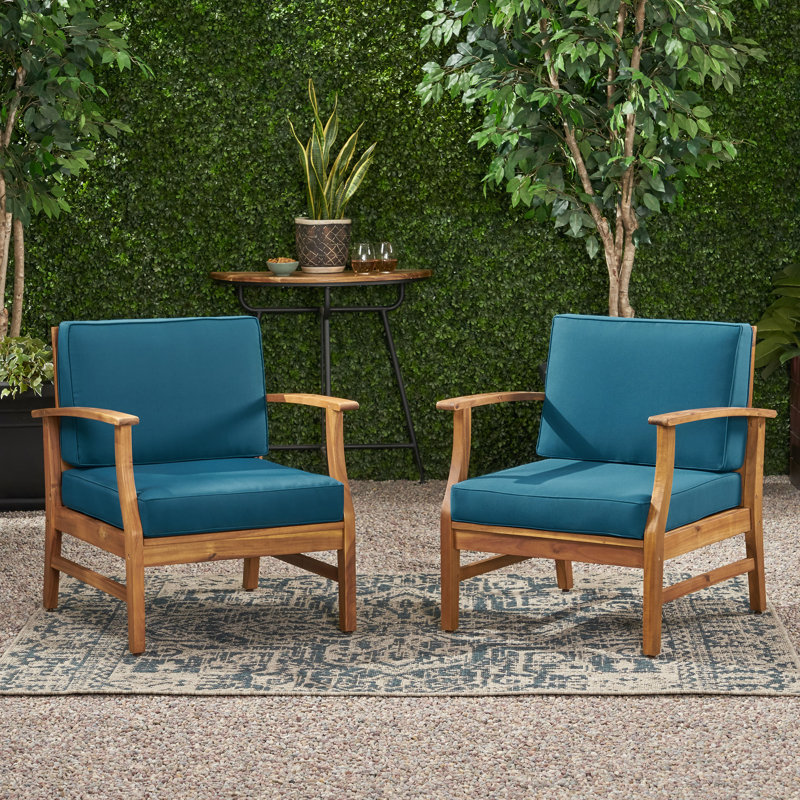 Chaise de patio avec coussins Tavares, Bleu, Teck