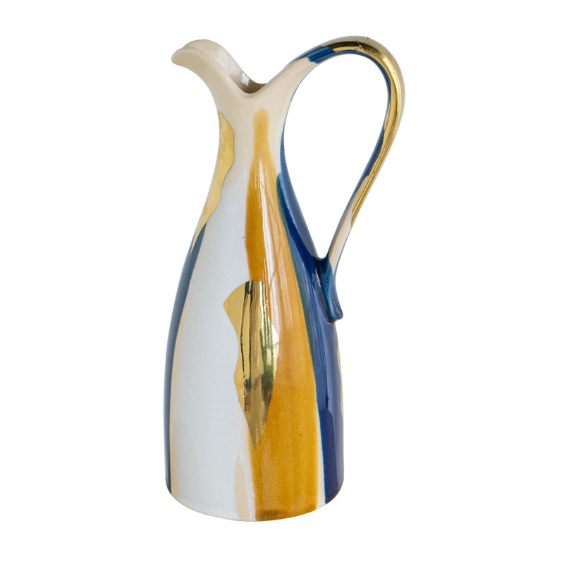 Vase en céramique avec une finition abstraite multicolore, 12.4", Bleu / blanc