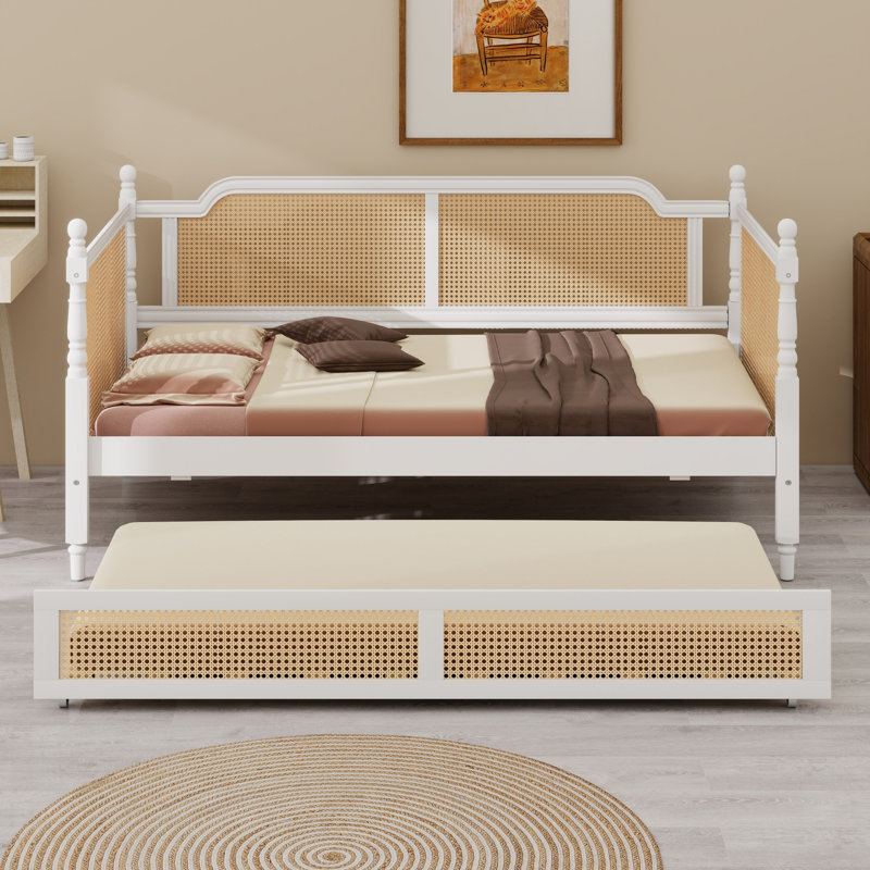 Lit de jour traditionnel en rotin avec lit gigogne, parfait pour les chambres compactes, Lit simple, Blanc antique