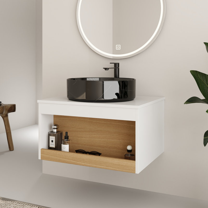 Ensemble de meuble-lavabo simple mural 24 "avec lavabo rond en céramique, Black with white patterns