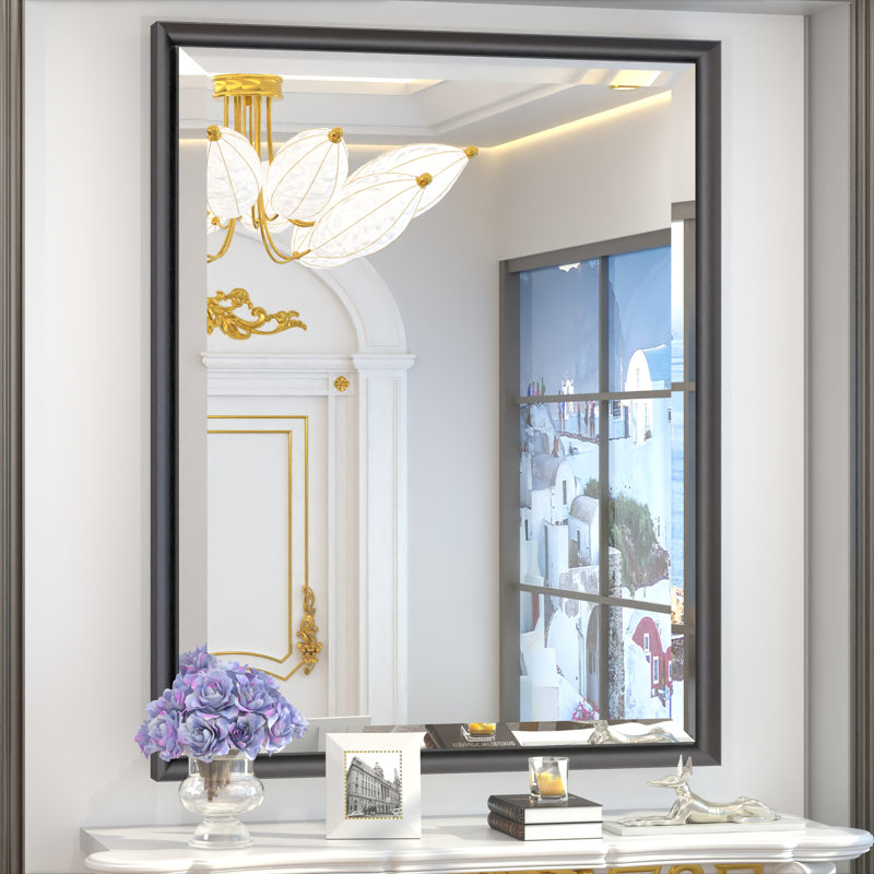 Rectangular Black Matte Metal Frame Vanity Mirror with Beveled Floating Mirror Bathroom, 28" x 36"